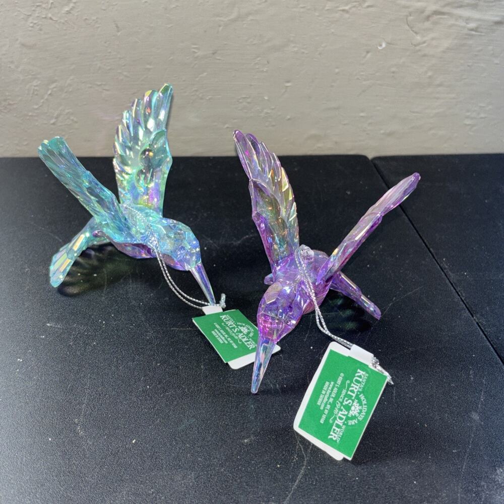 2 Iridescent Hummingbird Ornaments Pink Blue Kurt Adler. @